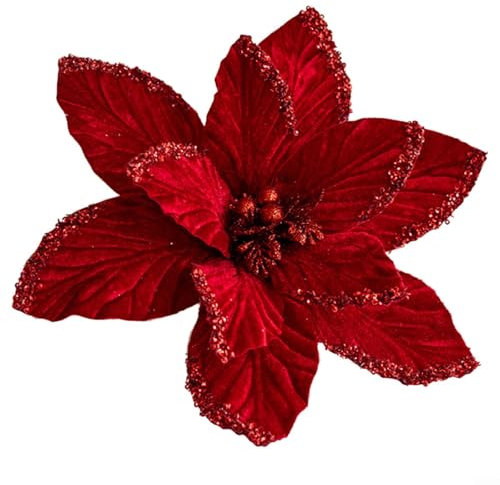 CNANRNANC 30 cm Weihnachtsblumen, weihnachtliche Glitzer-Weihnachtssterne, Weihnachtsbaumschmuck-Anhänger, handgefertigte Weihnachtsdekoration, künstliche Blumen(Rot)