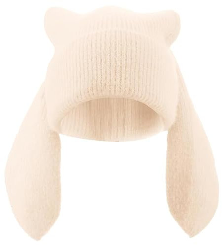 WUODHTW Damen-Beanie-Mütze mit langen Ohren, niedlich, lustig, gestrickt, Winter, warm, Ski, Totenkopf, Outdoor, Slouchy Hat, beige, Einheitsgröße