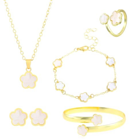 FDEETY Parure Bijoux Femme Mode Bijoux Alliage avec Fleurs en Boucles d'Oreilles Collier Bracelet Bague Set Minimalistes Réglable Vacances Cadeau de Bijoux(Blanc)