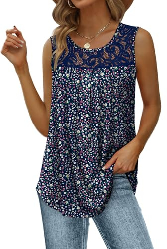 Aokosor Vests for Women Summer Sleeveless Tops Ladies Lace Tank Scoop Neck Curved Hem Flowy Shirt
