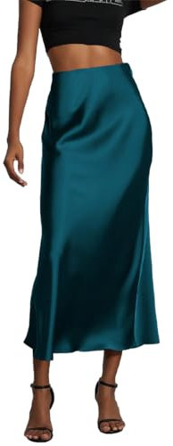 OLIPHEE Jupe Longue Femme Jupe Satin Taille Haute Elastique Robe Femme Robe Satin Jupe Serrée Ligne A Couleur Unie Jupe Casual Chic Élégante Robe Soirée 1 Bleu S