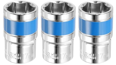 sourcing map 3pcs 1/2 Inch Drive 6-Point Socket 17mm CR-V Metric Shallow Socket Electric Wrench Socket for Mechanical Auto Repair, Silver Tone & Blue