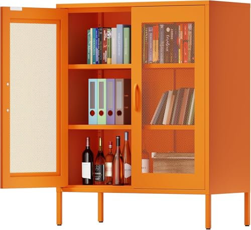 Armario Metalico de Puertas de Malla,Aparador de Metal,Marco de Acero,Armario para Licores con Estantes Ajustables,para Cocina, Sala de Estar, Oficina en Casa,40 x 80 x 102AL cm, Naranja