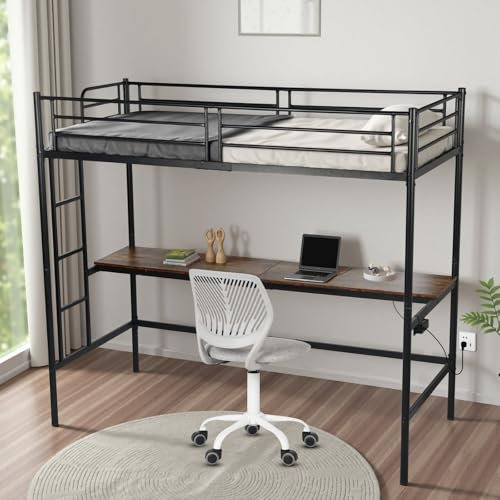 FurnitureR Hochbett 90x200 cm Metall mit Schreibtisch, Metall Bettrahmen mit Ladestation (2 AC Steckdosen 2 USB Ports), LED-Beleuchtung (16 Farben, 4 Modi)，Absturzsicherung & Lattenrost