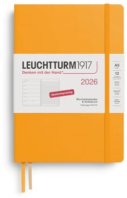 LEUCHTTURM1917 372473 agenda e taccuino settimanale Medium (A5) 2026, 12 mesi, Rising Sun, Tedesco