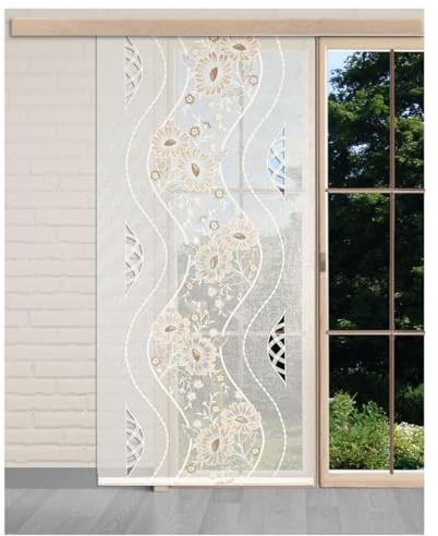Flächengardine Eliana Blumen Vogtländische Spitze ecrú | Schiebepaneele Wellen-Muster in natur | Zeitloser Flächenvorhang halbtransparent | Schiebegardine Käseleinenoptik Höhe x Breite 93 x 75 cm