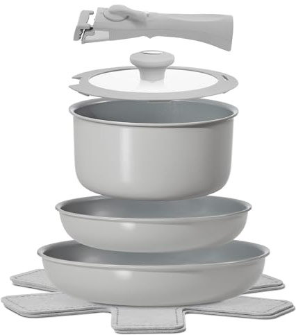 BLAZANT 7 Pièces Casseroles et Poêles, Batterie de Cuisine Induction | Revêtement Céramique Antiadhésif, Fond amélioré, Chauffe uniforme, Poignées Amovibles pour Camping, sans PTFE, sans PFOA