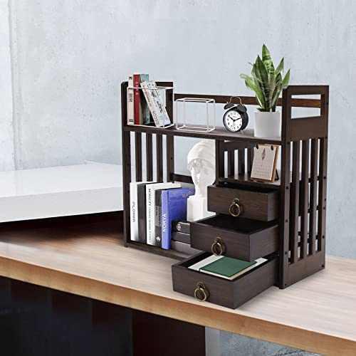 YSLoccbac Schreibtisch-Bücherregal mit Schublade – 3-stöckiger Retro-Organizer für Büro, Küche, Badezimmer, starke Kapazität von 25 kg, Bambusmaterial, platzsparendes Design