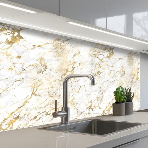 KitchenYeah© Splashback for Kitchen self-Adhesive Wall Protector Splash | 24x39 / 60x100 cm - Back Cooker Backsplash Gold - White - Marble