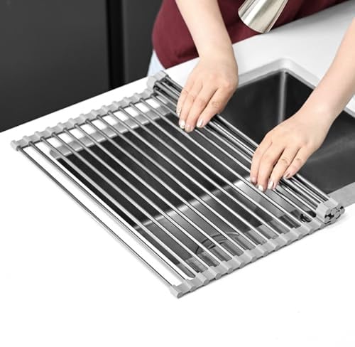 KitchenRaku Abtropfgestell Geschirr 43x35cm | Faltbare Matte für das Waschbecken in der Küche | 304 Edelstahl/Silikon | Als Abtropf für die Küchenspüle (Grau)