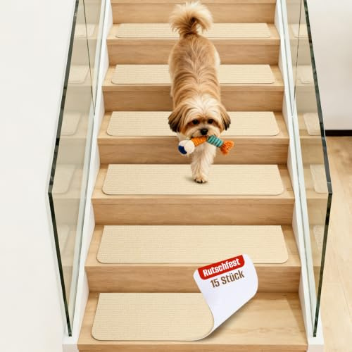 OJTOJT Stufenmatten Selbstklebend, Anti-Rutsch Treppen Teppich, 15 Stück Treppenstufen Matten, 76x20 cm Treppenschutzmatten für Innen, Ideal für Kinder, Senioren und Haustiere(Beige)