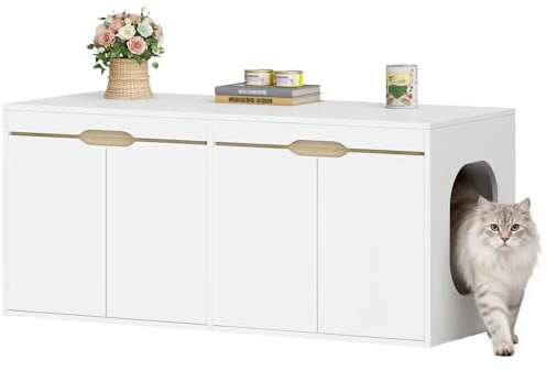 HEXCELEN Katzenklo Schrank, Katzenschrank für 2 Katzen, Versteckter katzentoilette Schrank, Doppeltür, Kann als Fernsehschrank, 120 x 50 x 53,4 cm, Weißeiche und Weiß