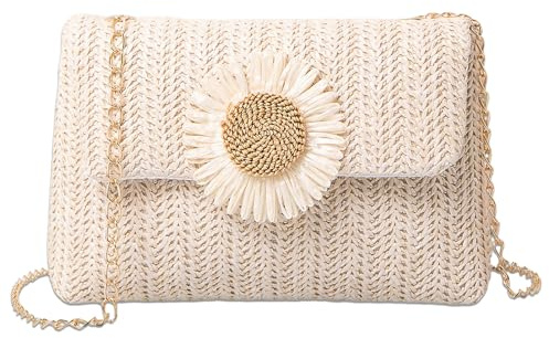 BSITSSS Crossbody Straw Bag, Hand Bag with Detachable Metal Chain, Flowers Handbag Crochet Clutch Evening Bag for Summer Beach Bohemian Party Travel Work Shopping