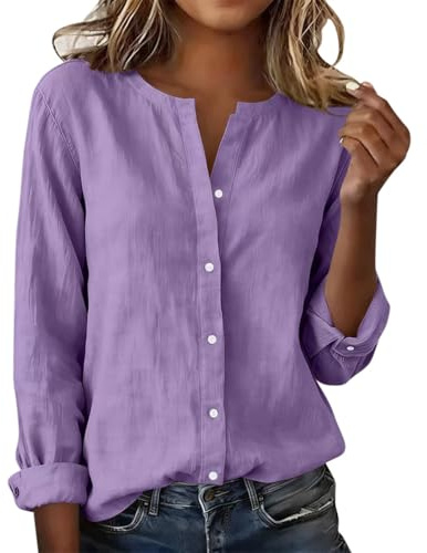 Onsoyours Camicia Donna Estiva Elegante Blusa Cotone Lino Manica Lunga Camicette Donna con Bottoni da Spiaggia