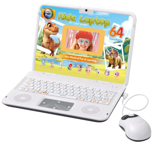 Happiegg Dinosaurier Kinder Laptop Lernspielzeug Computer mit Kamera, 64 Lernaktivitäten, Mathematik Englisch ABC Spiele Musik, Bilderrahmen & Requisiten, Jungen Mädchen ab 5 Jahren