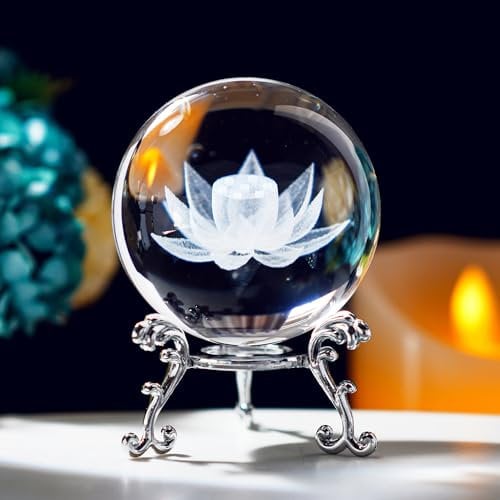 HDCRYSTALGIFTS Fengshui Glaskugel mit Ständer, 60 mm, Lotusblüte, 3D-Schnitzerei, Kristall-Lotus-Figuren, Geschenke für Heimdekoration