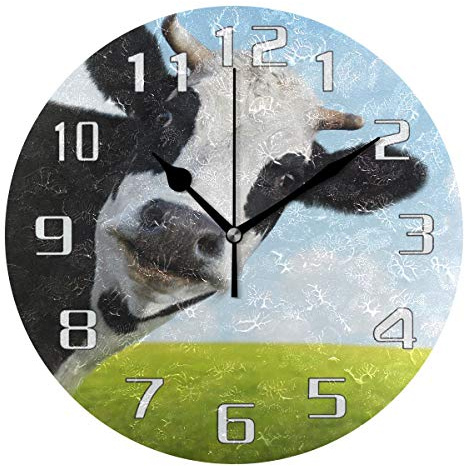 linomo Niedliche Wanduhr mit Kuh-Gesicht, geräuschlos, nicht tickend, runde Uhr, leise für Küche, Wohnzimmer, Schlafzimmer, Badezimmer, Büro