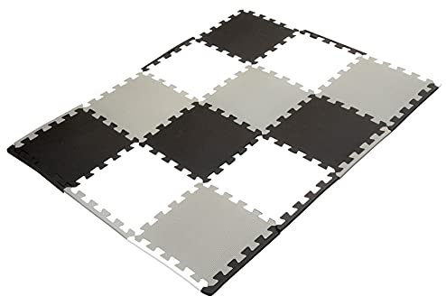 Edukit Tappetino in Gomma EVA; 12 Pezzi e 14 Bordi; 30,5 x 30,5 cm; Nero, Grigio, Bianco - Piastrelle ad Incastro Antiscivolo per pavimento Casa, Palestra, Sala giochi