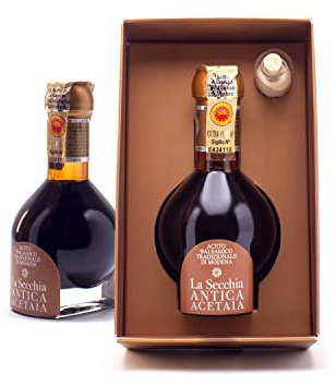 La Secchia - Extra Vecchio, Vinaigre Balsamique Traditionnel de Modène DOP avec Vieillissement minimum de 25 ans, Flacon de 100 ml avec Bouchon Doseur en Verre Soufflé, Coffret Cadeau