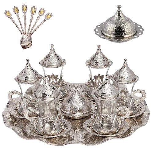 Alisveristime Handgefertigtes türkisches Tee-/Wasser-/Zamzam-Servierset mit Gläsern, Untertasse, Tablett und Löffel (Silber)