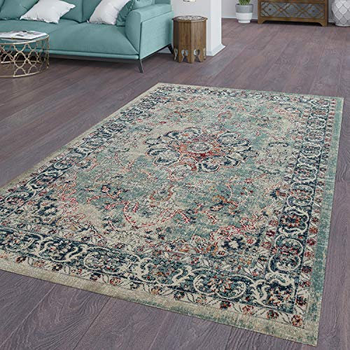 TT Home In-& Outdoor Teppich Vintage Küchenteppich Terrasse Orient Design Rot Blau Beige, Größe:80x150 cm