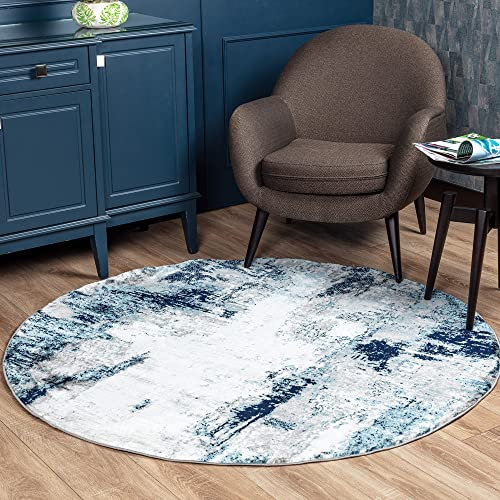 Livabliss Helsinki Wohnzimmer Teppich Modern - Abstrakt Design in Marmor Optik für Wohnzimmer, Esszimmer, Schlafzimmer - 160 cm Rund, Weicher Kurzflor, Blau, Weiß und Grau