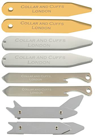 COLLAR AND CUFFS LONDON - 8 Stilvolle Kragenstäbchen - Versilbert, Vergoldet, Einstellbar und Titan Flaschenöffner - Größen 2 2.35 2.5, 2.8 - Hochwertig - Mit Geschenkbox - Silber und Gold Farben