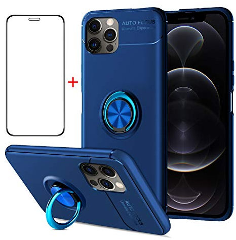 AKABEILA iPhone 12 Pro Max Case Screen Protector, Compatible for iPhone 12 Pro Max Phone Case Cover, Silicone Kickstand Ring Grip Holder for iPhone 12 Pro Max Shockproof Tempered Glass, Blue