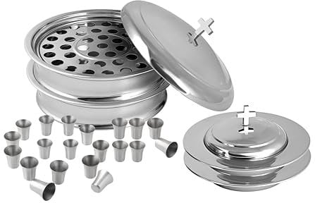 Communion Ware - Juego de iglesia | 2 bandejas apilables de comunión con tapa y 2 platos de pan con tapa, 80 tazas incluidas | Ideal para iglesias | Acero inoxidable - Acabado brillante (plateado)