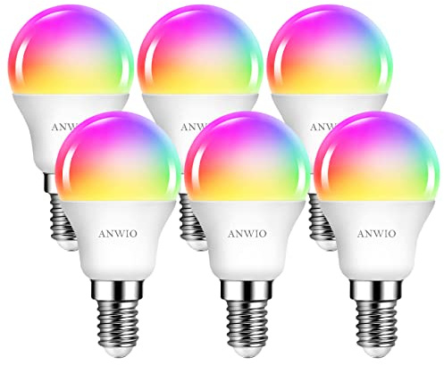 ANWIO 5W Smart E14 LED Lampen Warmweiß und Kaltweiß 470LM, Dimmbar Glühbirne Mehrfarbig, Tropfen, Wlan LED Birnen, kompatibel mit Alexa und Google Home, Kein Hub, 6er Pack