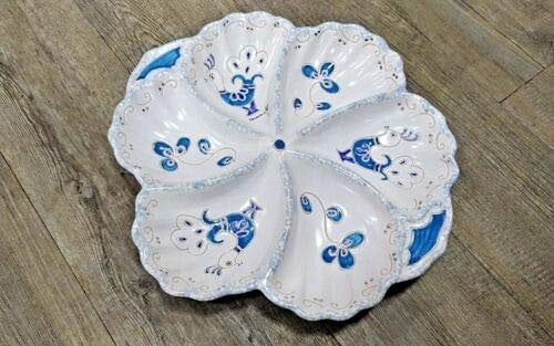 Ceramica sarda Antipastiera foglia 34x4,5cm pavoncella dipinta mano centrotavola AZZURRA