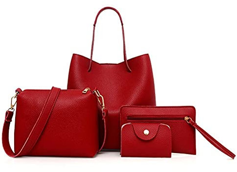 Damen Handtasche Set, Modisches 4 Stück Schultertaschen aus PU-Leder Umhängetasche Geldbörse Kartenhalter Set Büro Schule