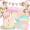 DUGEHO 100 Piezas Platos Fiesta Vajilla Papel Cumpleaños Platos, Servilletas, Vasos, Mantel, para Baby Shower Compromiso Suministros de Fiesta(16 Invitados)