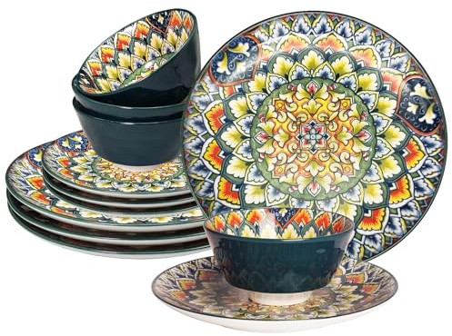 YA JU Juego de vajilla Mandala (12 piezas) sirve 4, vajilla de buffet, platos y cuencos bohemios con plato de postre de 8 pulgadas, plato de cena de 10 pulgadas, cuenco de 4.8 pulgadas, aplica comedor