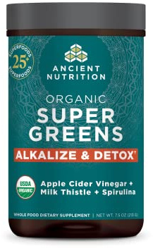 Ancient Nutrition Supergreens Alkalize & Detox Powder, Organic Superfood Powder Made from Real Fruits, Vegetables and Herbs, for Digestive and Energy Support, 25 Servings, 7.5oz