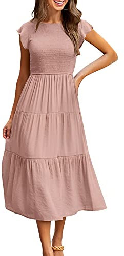 Yuson Girl Vestito Estivo Lungo Donna - Abito Estivo Lungo Collo Rotondo Ragazza con Manica a Volant Vestiti Casuale Eleganti Colori Solidi Abiti Estivi Donna Lunghi(Rosa, M)
