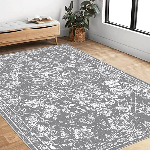 Pauwer Vintage-Teppich, 10,2 x 15,2 cm, Kunstwolle, Überwurf, rutschfest, Boho, Flurbereich, waschbar, Niederflor-Teppich für Küche, Wohnzimmer, Schlafzimmer, 100 x 150 cm, Grau