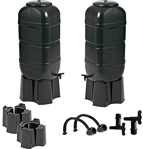 2 x 100 Litre Rain Saver Outdoor Slim Line Garden Water Butts | Complete With Tanks, Taps, Stands & Filler Kits