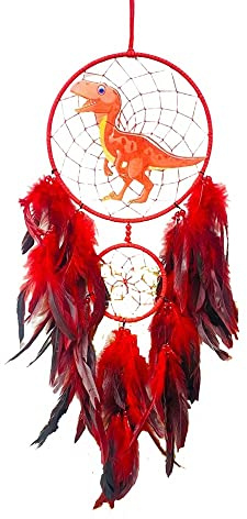 YlobdolY Böhmischer Traumfänger, Feder, gewebt, Wandbehang, Windspiel, 3D-Tier-Dinosaurier, rotes Mädchen, Schlafzimmer, Hintergrund, handgefertigte Quaste, Hochzeit, Wanddekoration