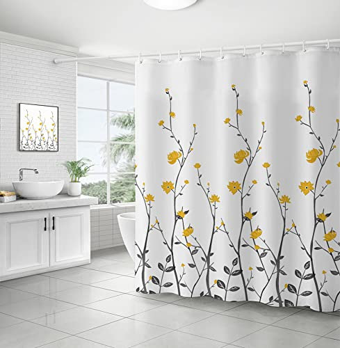 Nchdewui Duschvorhang 180x200 cm Wasserdicht Waschbar Badvorhang, Kleine Gelbe Blume Waschbar Polyester Badevorhänge mit 12 Duschvorhängeringen für Badezimmer, Badewanne