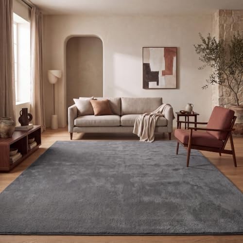 Paco Home Teppich Wohnzimmer Schlafzimmer Kurzflor Waschbar Einfarbiges Muster Flauschig Weich rutschfest Moderne Deko, Grösse:200 cm Quadrat, Farbe:Anthrazit