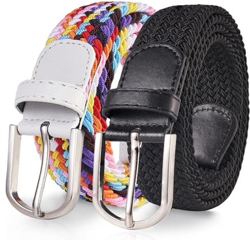 TANGCHAO 2 Stücke Stoffgürtel Stretchgürtel Elastik Flechtgürtel Geflochtener und Elastischer Dehnbarer Gürtel für Damen und Herren Breite 3.3cm Mehrfarbig+Schwarz 130cm