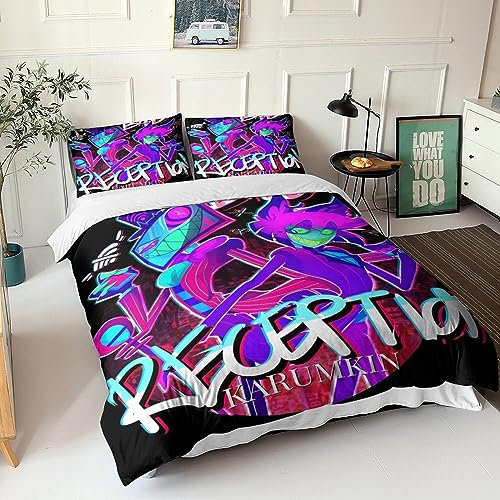 GIOSBR Hazbin Hotel Set Copripiumino 3D Stampa Digitale Anime Movie Copripiumino 3 Pezzi Microfibra Morbido E Federe Set Di Biancheria Da Letto Con Cerniera Per Bambini King（220x240cm）