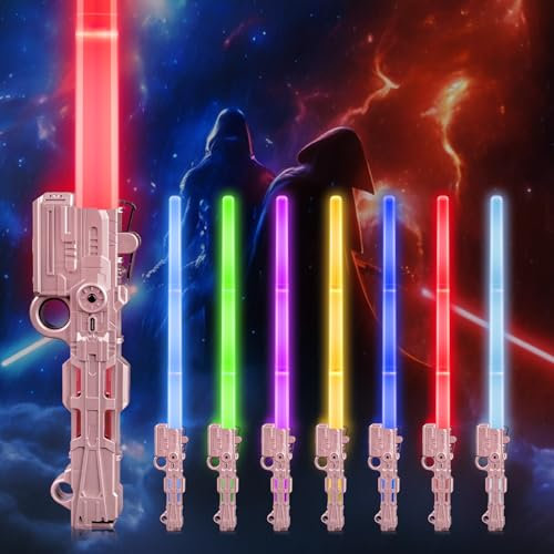 Moocuca Lichtschwert Kinder, Laserschwert mit Kreiselring, Lightsaber Sta Wars, RGB 7 Farben Led Lightsaber mit USB-Kabel, Licht und Sound, Einziehbares Leuchtschwert Kinder für Cosplay, Partyzubehör