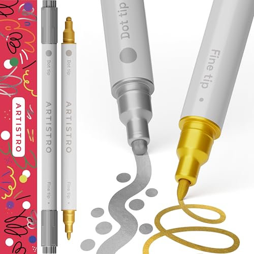 ARTISTRO 2 Silver & Gold Acrylic Paint Pens, Metallic Dual Tip (Fine 1mm + Dot 5mm) Markers for Fabric, Canvas, Rock, Glass, Wood, Paper, DIY, Kids & Adults
