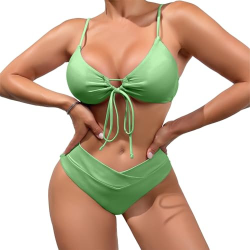Meioro Conjunto de Bikini para Mujer Traje de Baño Triangulo Recortado, Traje de Baño de Dos Piezas con Cuello en V, Traje de Baño con Cintura Baja, Sexy Traje de Baño con Nudo y Cordón(Verde,XL)