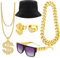Dreamtop Dollar Kette Set HipHop Kostüm Set 6 Stücke Goldener Dollar Anhänger Goldkette Ring Sonnenbrille Fischerhut 80 90er Jahre Zuhälter Kostüm Gold Millionär für Fasching Karneval