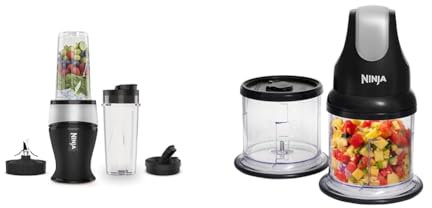 Ninja 700W Slim Blender & Smoothie Maker, 2x 470ml Cups with Spout Lids, Personal Blender, Crush Ice & Frozen Fruit, Silver/Black QB3001UKS & Professional Chopper [NJ1002UKBK] Stackable, 200W, Black