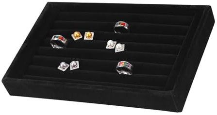 Ring Display Tray Slot, 7 Slots Flannelette Black Velvet Jewelry Stand Holder Tray, Stackable Jewelry Organizer Tray, for Jewelry Rings Studs Earrings (Black)