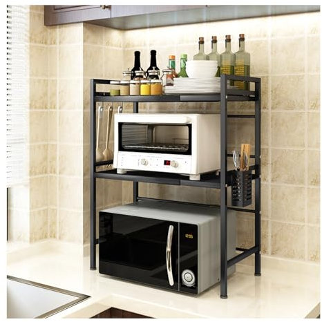 Supporto per microonde, griglia estensibile per forno a microonde, ripiano per tostapane a microonde ad altezza regolabile, organizer per supporto per ripiani in metallo resistente per dispensa, nero